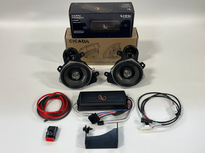 Stage 1 - BMW K1600 5 1/4" Front Speaker Pods Package w/ Cicada Audio Speakers & Infinity Kappa Perfect Amplifier - Motorrad Audio