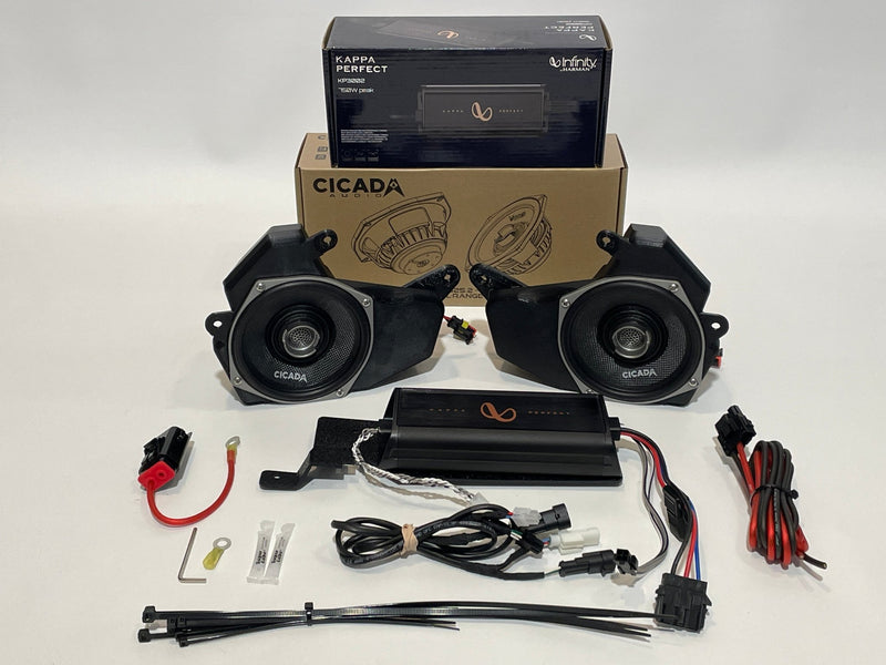 Stage 1 - BMW R1200RT/R1250RT 5 1/4" Front Speaker Pods Package w/ Cicada Audio Speakers & Infinity Kappa Perfect Amplifier - Motorrad Audio