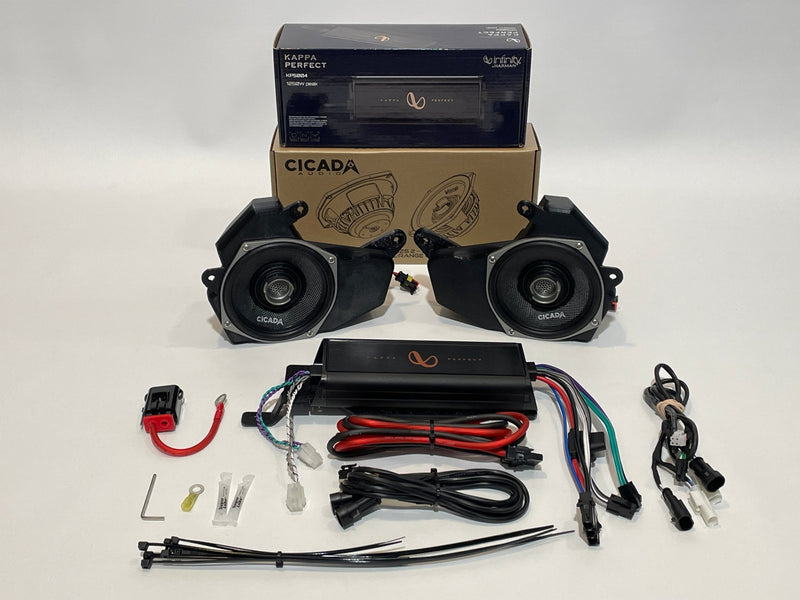 Stage 1.5 - BMW R1200RT/R1250RT 5 1/4" Front Speaker Pods Package w/ Cicada Audio Speakers & 4 Channel Infinity Kappa Perfect Amplifier - Motorrad Audio