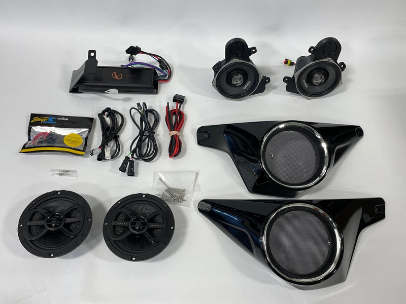 Stage 3 - BMW K1600B & Grand America Front & Rear Speaker Upgrade. Cicada Audio 5 1/4" Front Pods, Infinity Kappa Perfect 6 1/2" Rear Pods w/ 4 Channel Infinity Kappa Perfect Amplifier - Motorrad Audio
