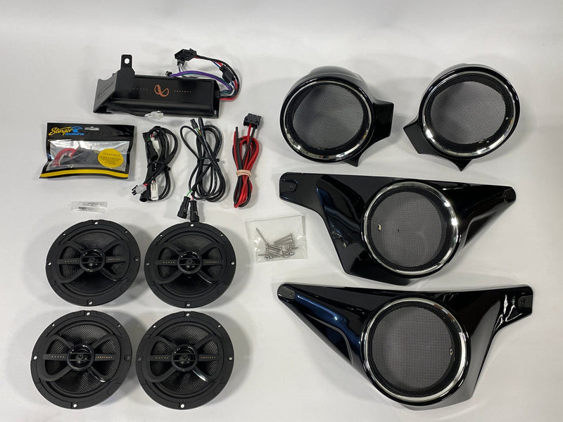 Stage 4 - 2018-2021 BMW K1600B & Grand America Front & Rear Speaker Upgrade Package. Infinity Kappa Perfect 6 1/2" Front & Rear with Kappa Perfect 4 Channel Amplifier. Plug and Play - Motorrad Audio